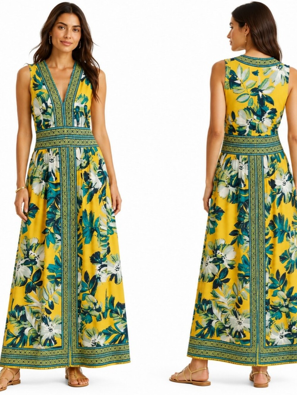 Wisp Yellow Floral Border Print Sleeveless Maxi Dress Tall Girl Friendly